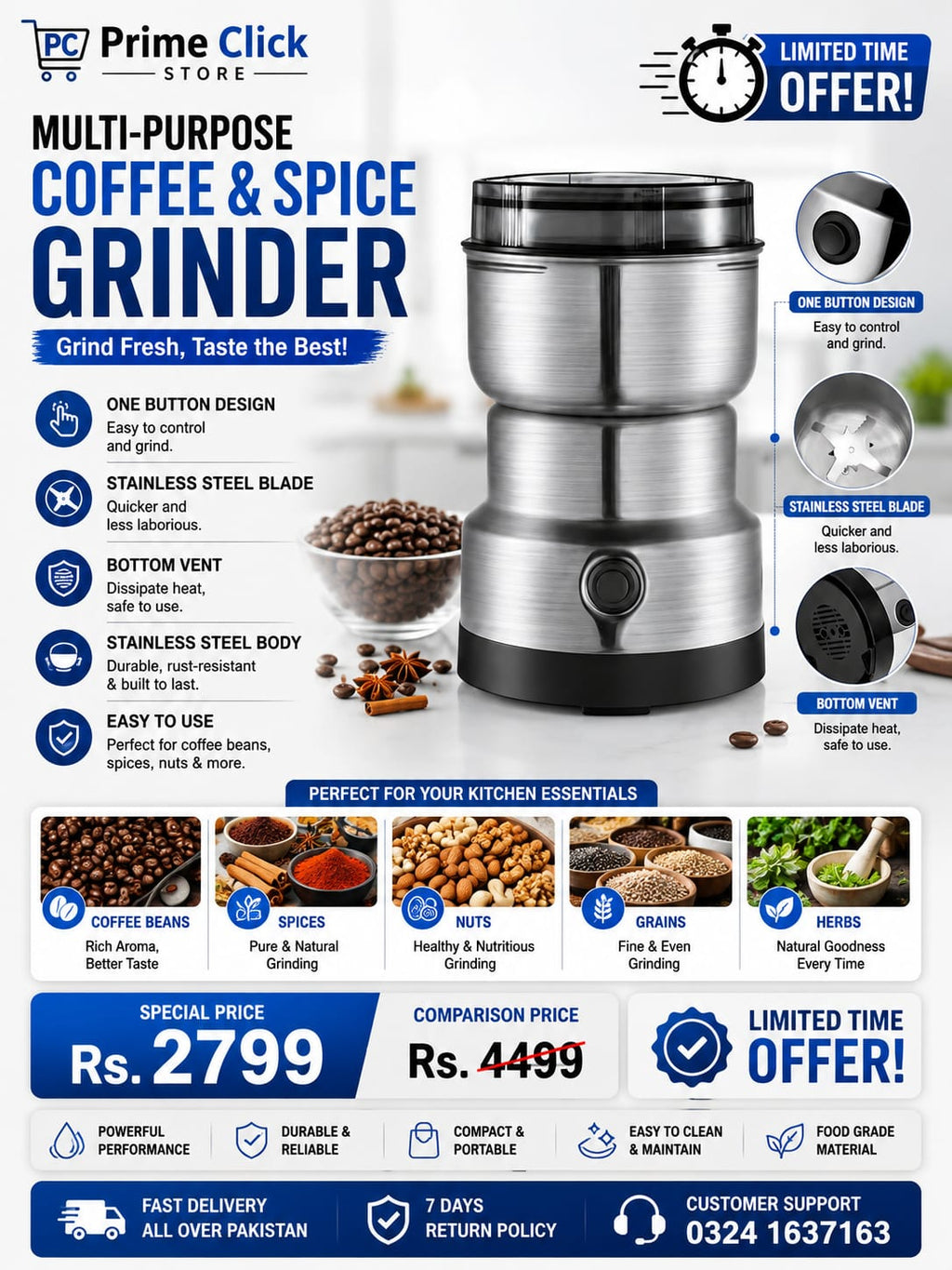 Electric Stainless Steel Coffee & Masala Grinder Machine – Multipurpose Spice, Dry Fruit & Herb Grinder