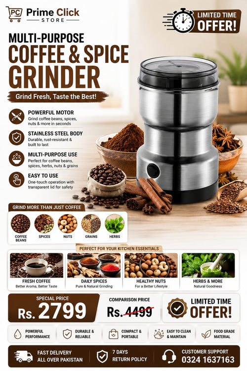 Electric Stainless Steel Coffee & Masala Grinder Machine – Multipurpose Spice, Dry Fruit & Herb Grinder