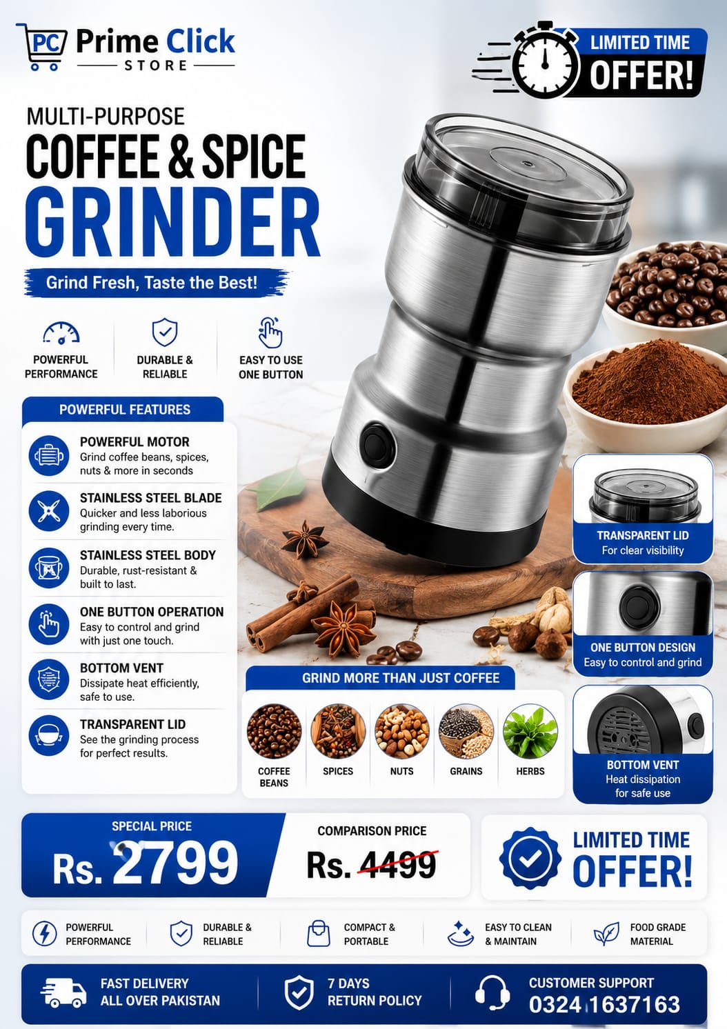 Electric Stainless Steel Coffee & Masala Grinder Machine – Multipurpose Spice, Dry Fruit & Herb Grinder