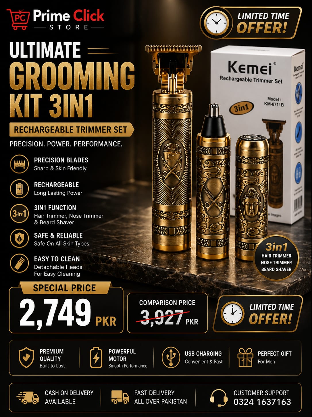 Kemei Km-6711B 3-In-1 Rechargeable Trimmer Set