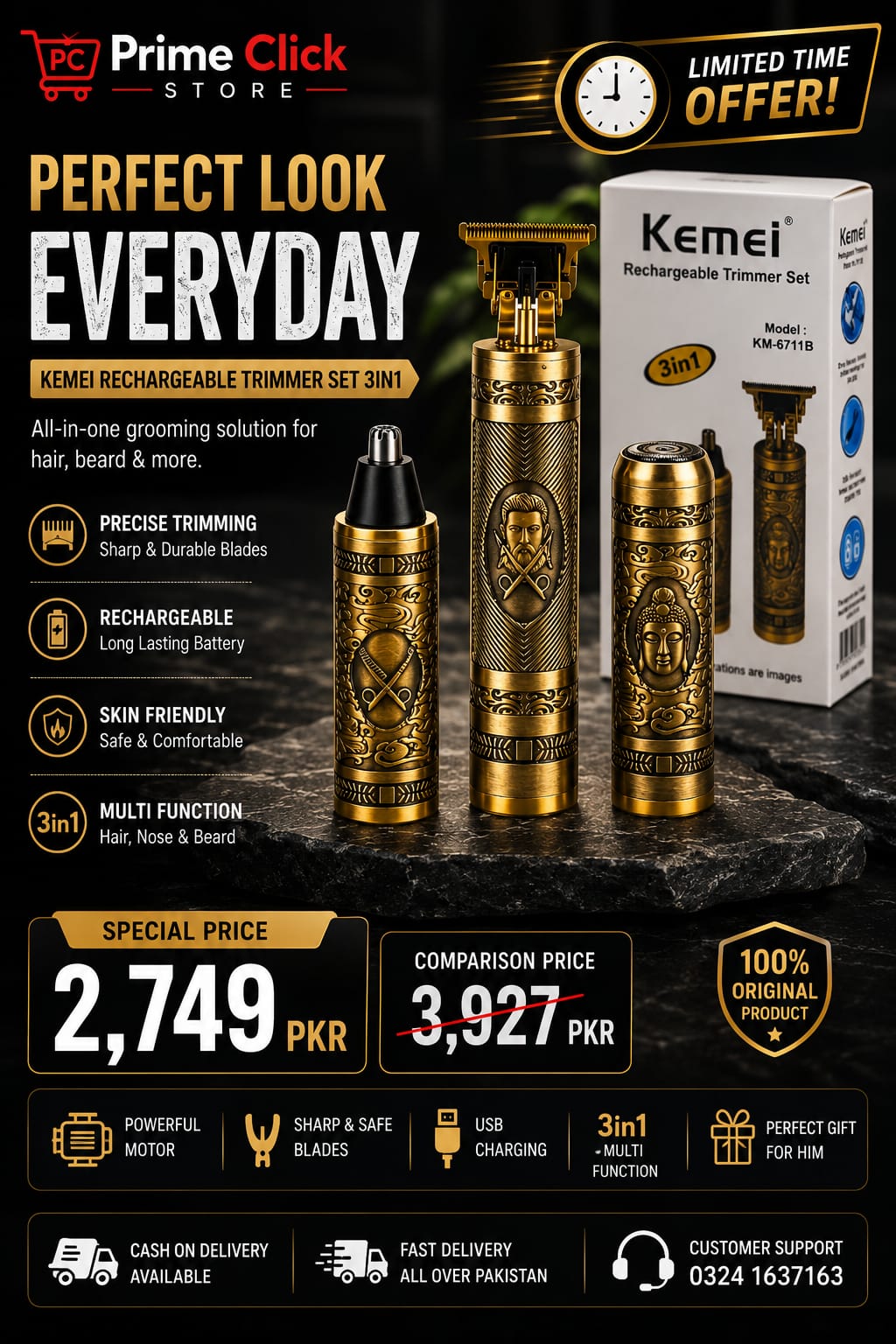 Kemei Km-6711B 3-In-1 Rechargeable Trimmer Set