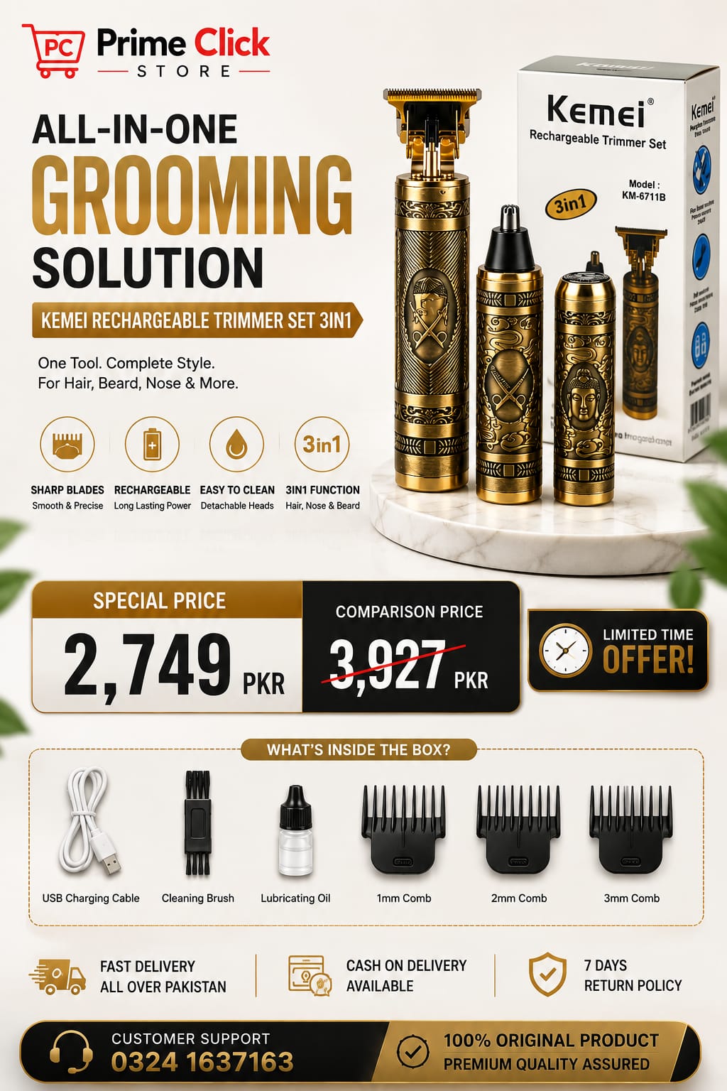 Kemei Km-6711B 3-In-1 Rechargeable Trimmer Set