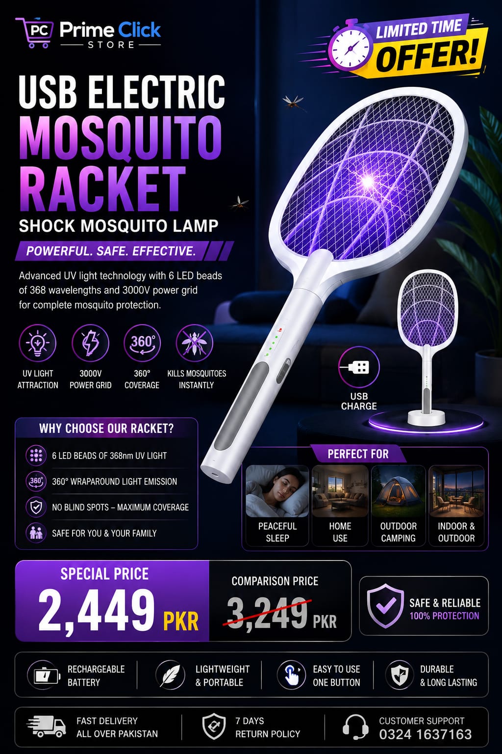 USB Rechargeable Mosquito Racket With Stand – Electric Insect Killer Bat For Indoor And Outdoor Use