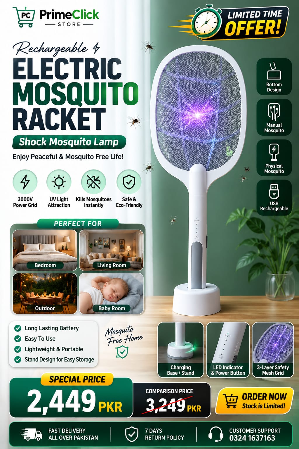 USB Rechargeable Mosquito Racket With Stand – Electric Insect Killer Bat For Indoor And Outdoor Use