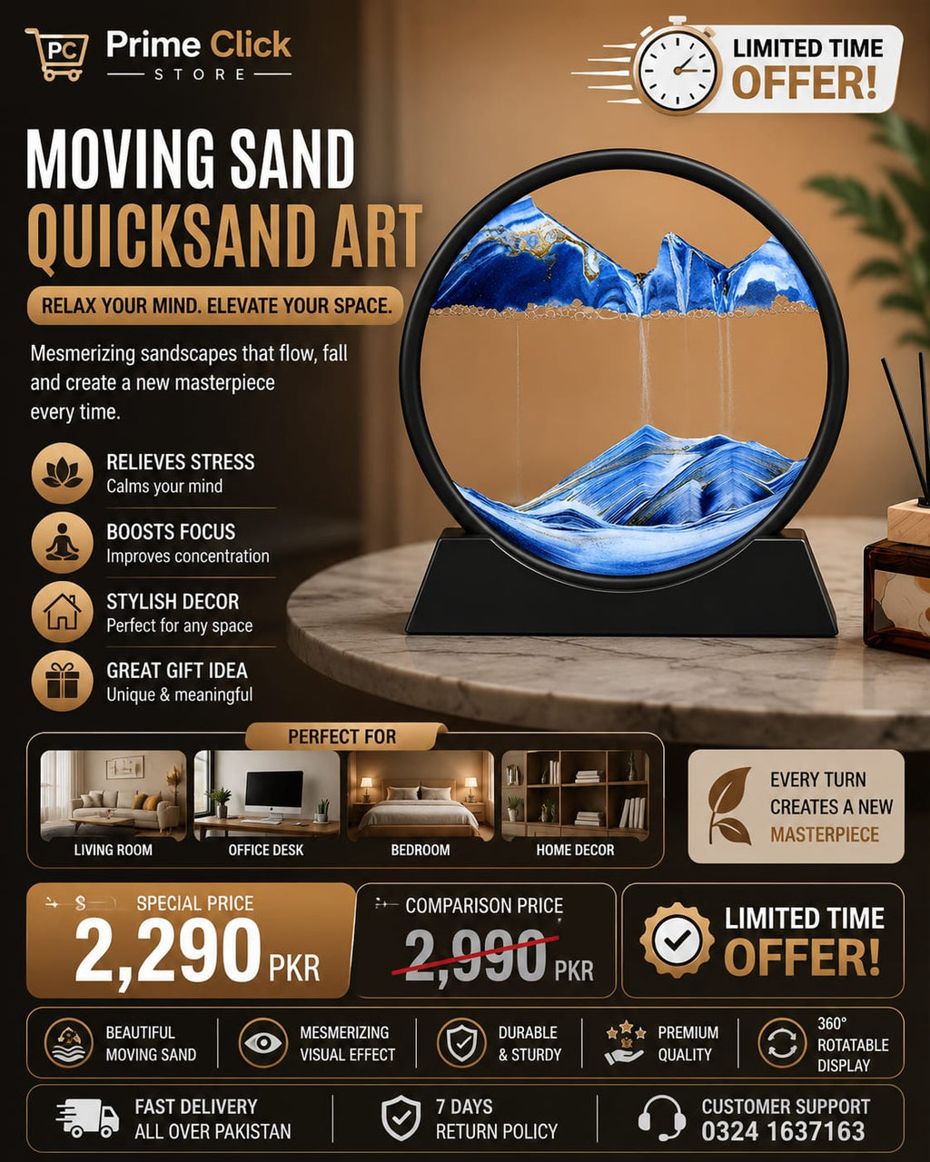 3D Moving Sand Art Lamp - Flowing Sand Painting Picture Dynamic Hourglass Decorative Desk