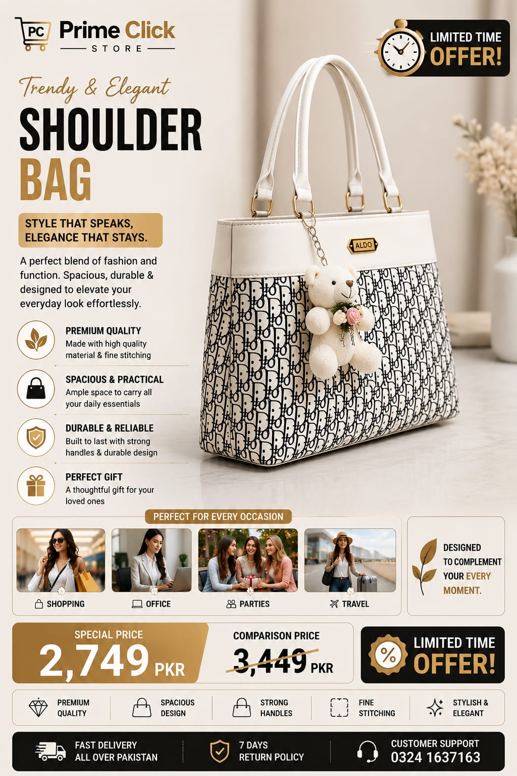 Elegant Monochrome Teddy Charm Tote Bag