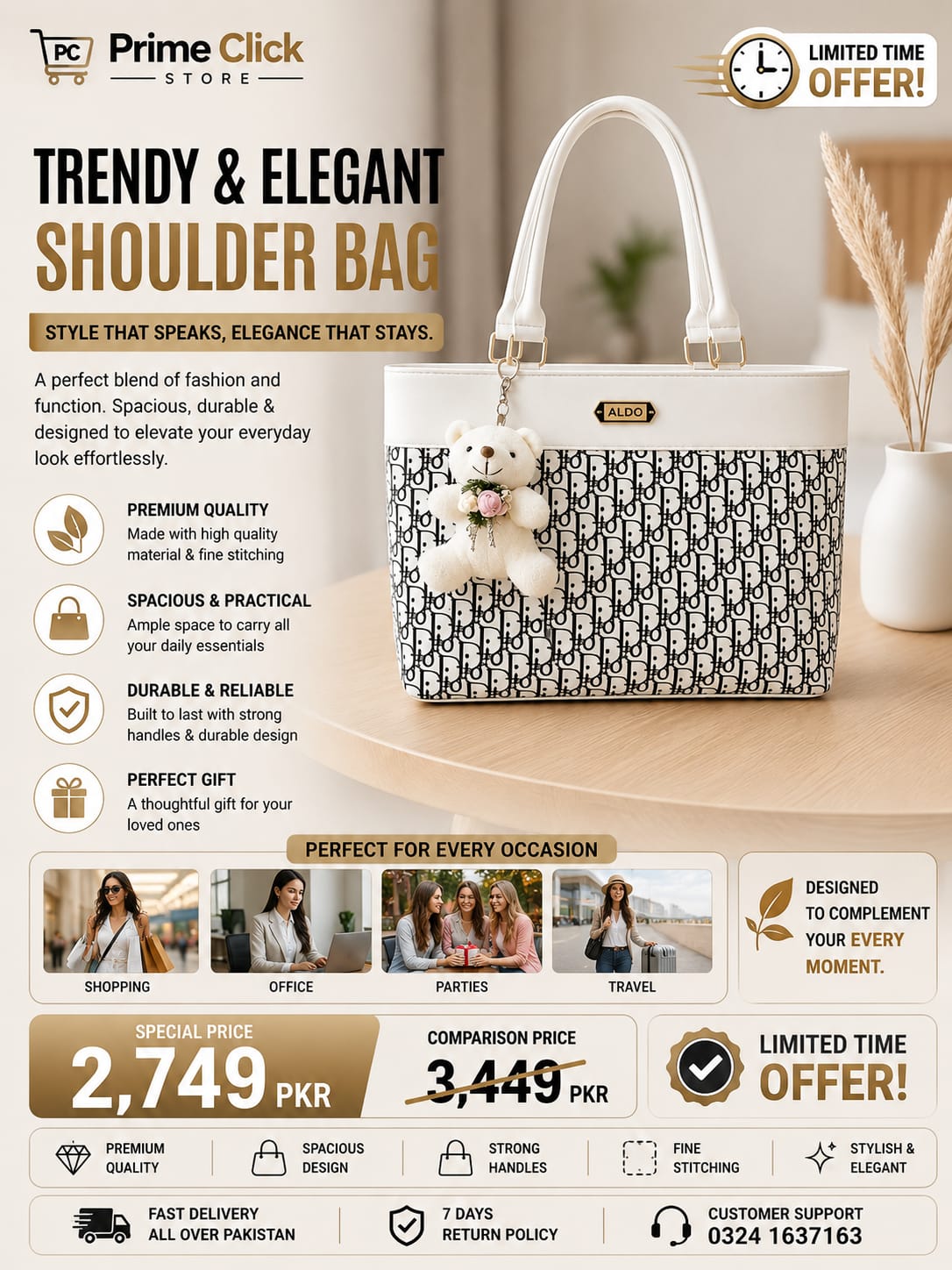Elegant Monochrome Teddy Charm Tote Bag